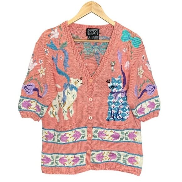 Berek 1989 Hand-Knit Cat Sweater Cardigan + Vintage Cat Brooch 100% Pima Cotton - Picture 3 of 13